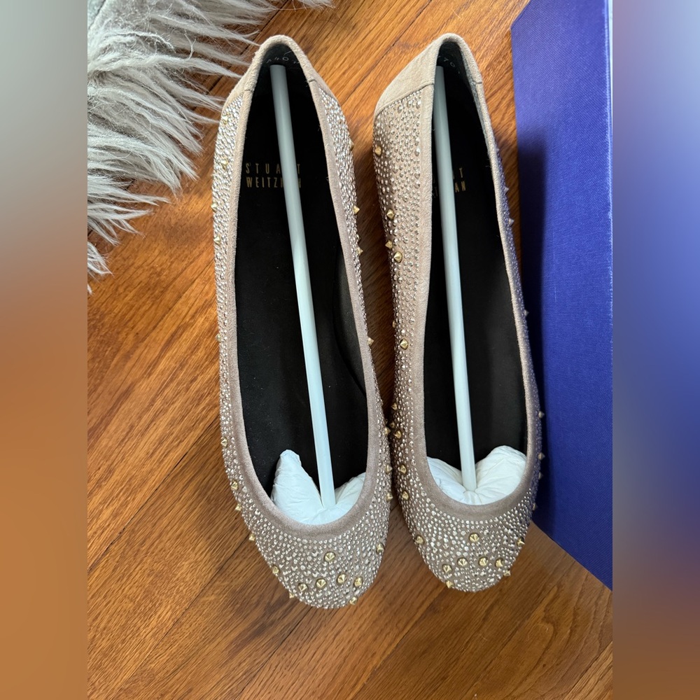 NEW STUART WEITZMAN NUBEADS $365 STUDDED HAZEL LATTE SUEDE BALLET